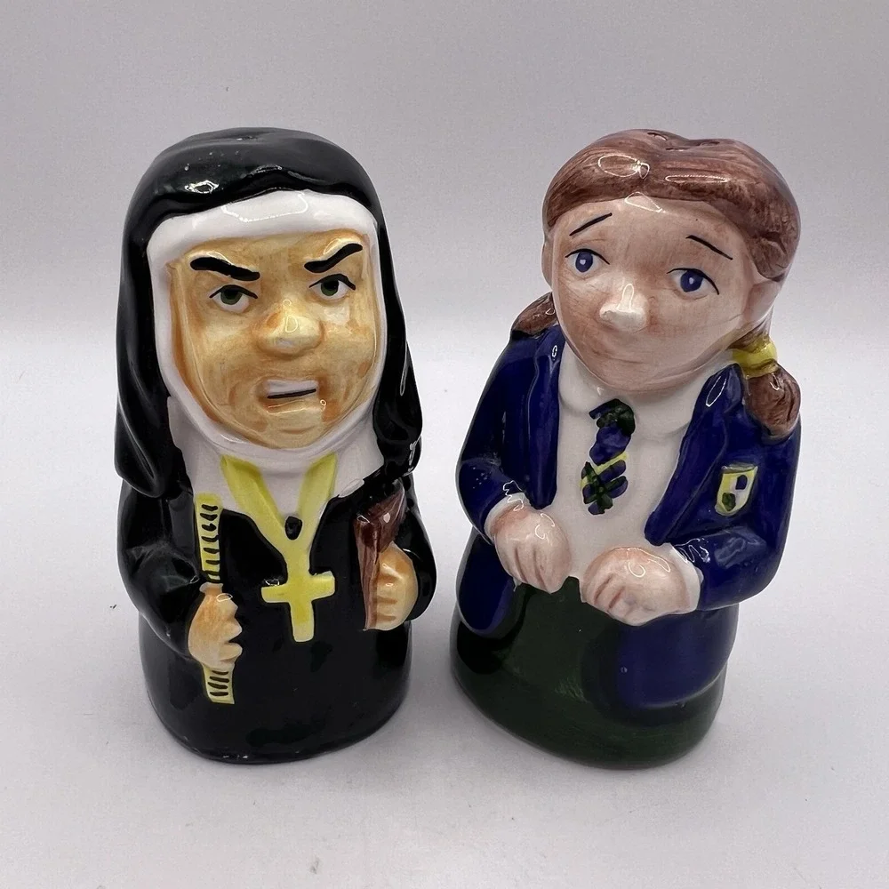 Nun & Catholic School Girl Salt & Pepper Shakers Ceramic Church Religion 1998 Vt
